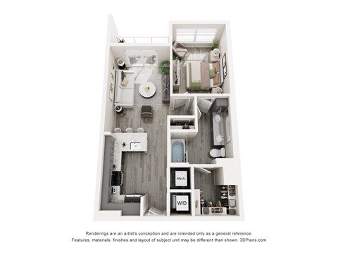 Floor plan for 1 bed, 1 bath, 730 sqft